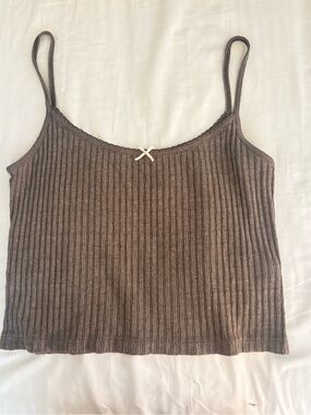 Ribbed Spaghetti Strap Crop Top - Brown